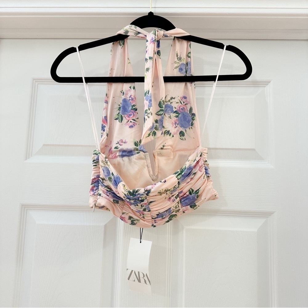 NWT Zara Pale Pink Blue Floral Deep V Cropped Halter Neck Ruched Top sz Small - Picture 9 of 11